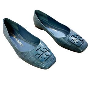 TORY BURCH Georgia Croc Reptile Embossed Blue Georgia Flats Size 7